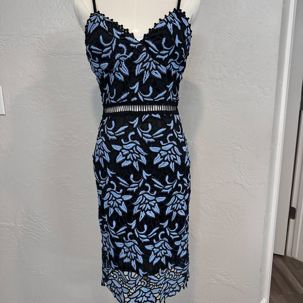 Aqua (Blloomingdale's Brand) Black and Light Blue Lace Overlay Dress XS S